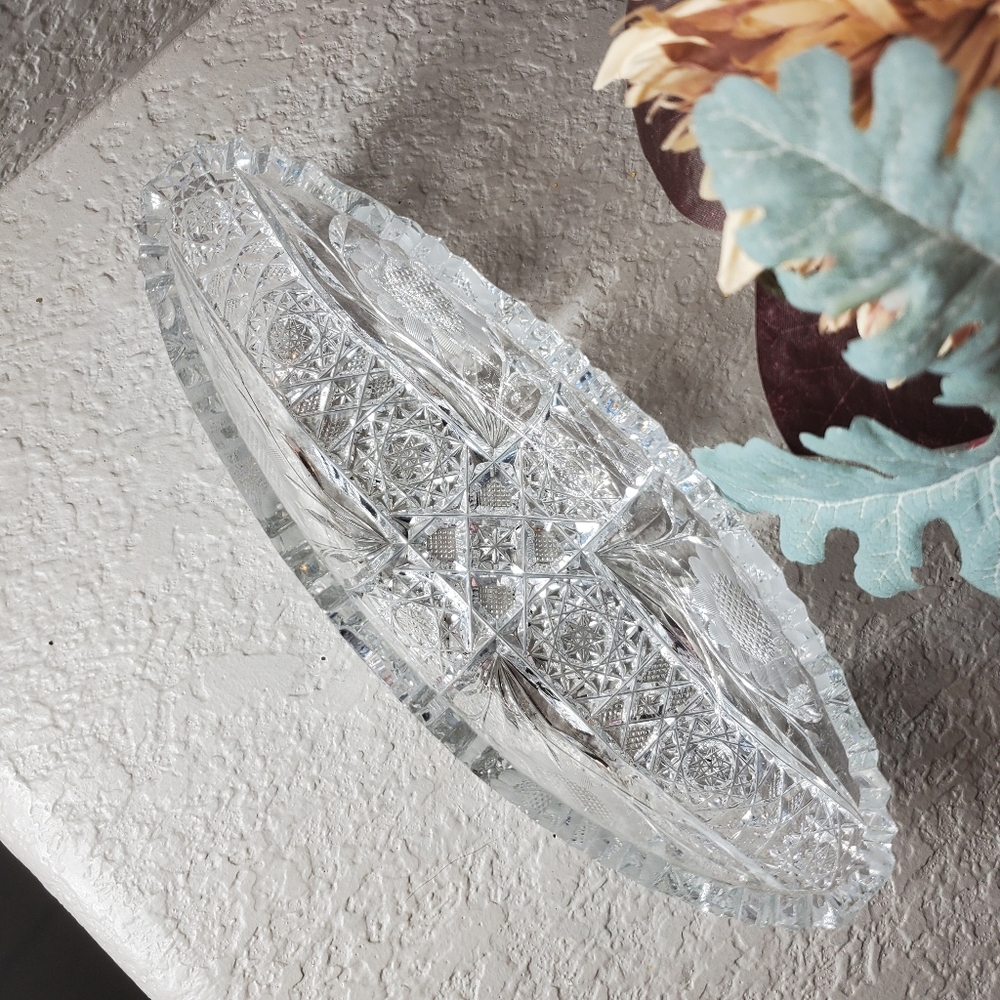 American Brilliant Cut Glass Dish ABC Crystal Oblong Celery Bowl Celery Dish
